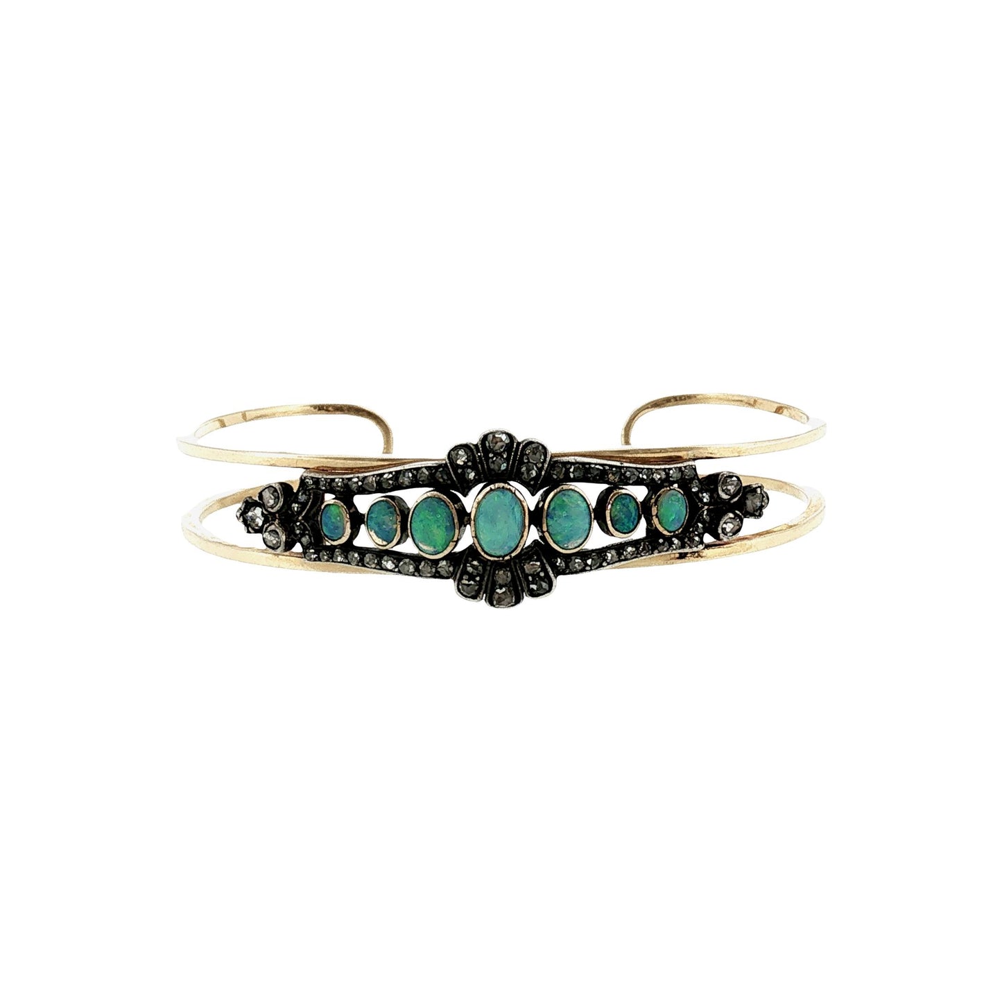 Victorian Silver Over Gold Opal and Diamond Pin Converted to a 14k Cuff Bracelet