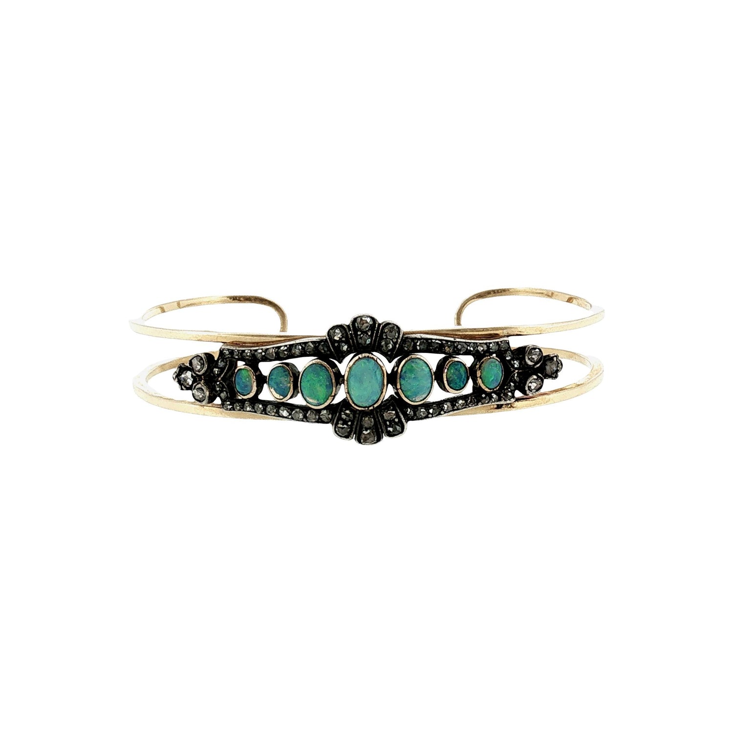 Victorian Silver Over Gold Opal and Diamond Pin Converted to a 14k Cuff Bracelet