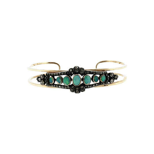 Victorian Silver Over Gold Opal and Diamond Pin Converted to a 14k Cuff Bracelet