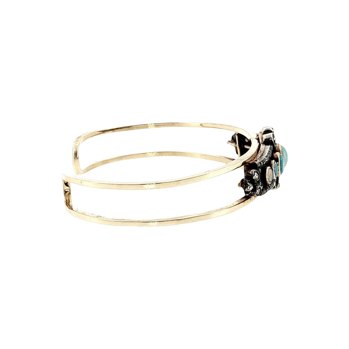 Victorian Silver Over Gold Opal and Diamond Pin Converted to a 14k Cuff Bracelet