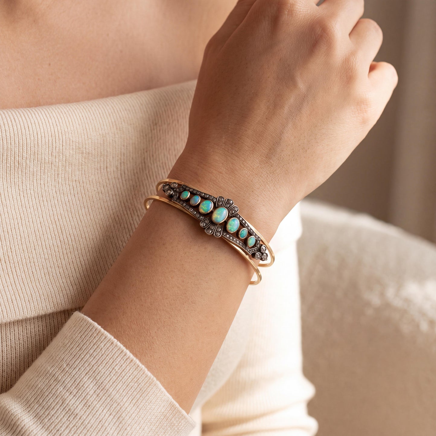 Victorian Silver Over Gold Opal and Diamond Pin Converted to a 14k Cuff Bracelet