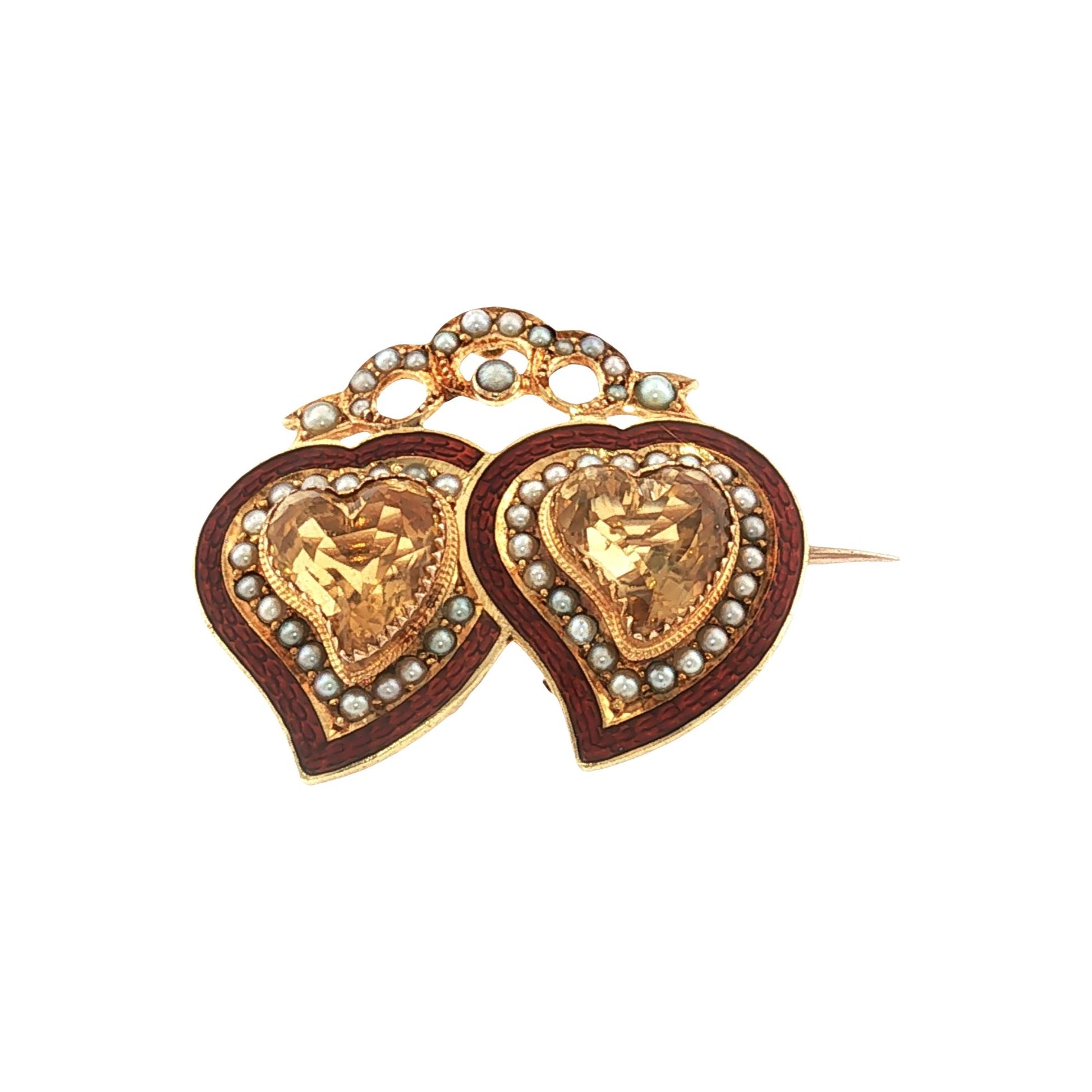 Late Victorian Basse-taille Enamel Topaz and Seed Pearl Double Heart Pin