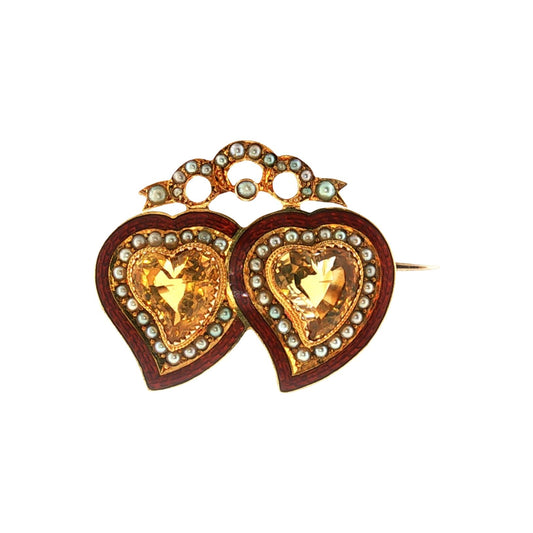 Late Victorian Basse-taille Enamel Topaz and Seed Pearl Double Heart Pin