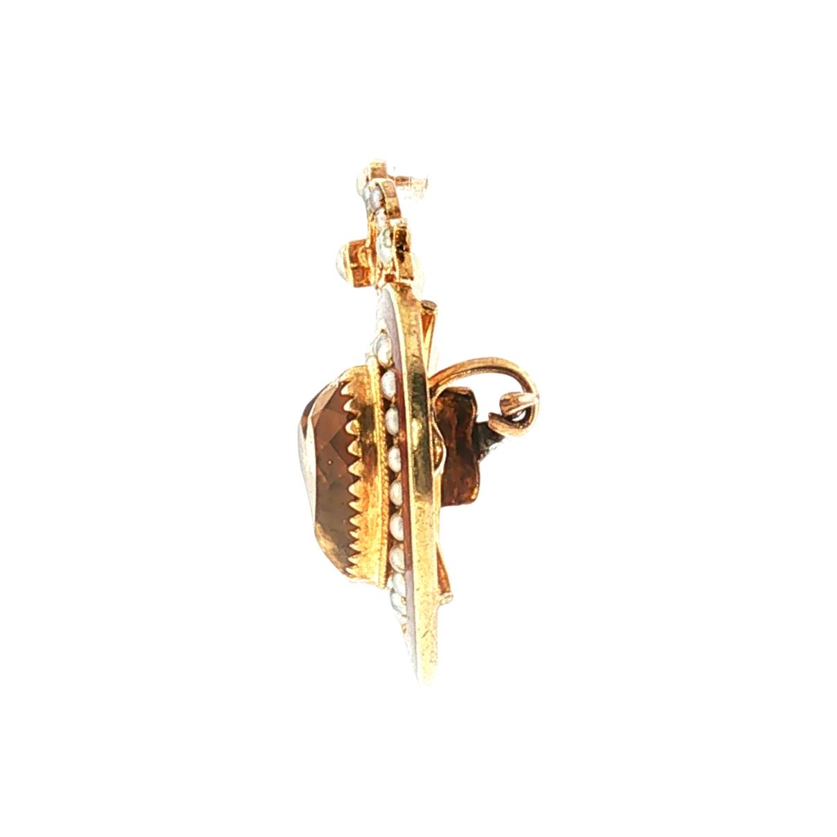 Late Victorian Basse-taille Enamel Topaz and Seed Pearl Double Heart Pin