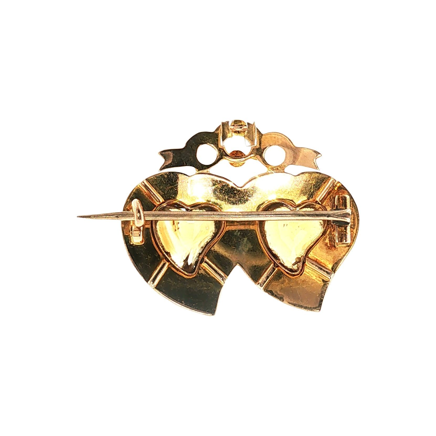 Late Victorian Basse-taille Enamel Topaz and Seed Pearl Double Heart Pin