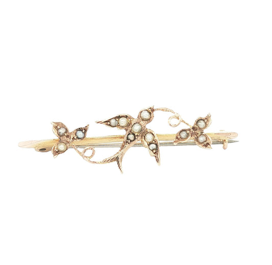 9 karat yellow gold Victorian Seed Pearl Sparrow and Leaf pin