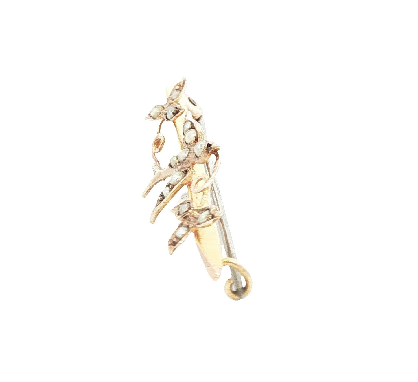 9 karat yellow gold Victorian Seed Pearl Sparrow and Leaf pin