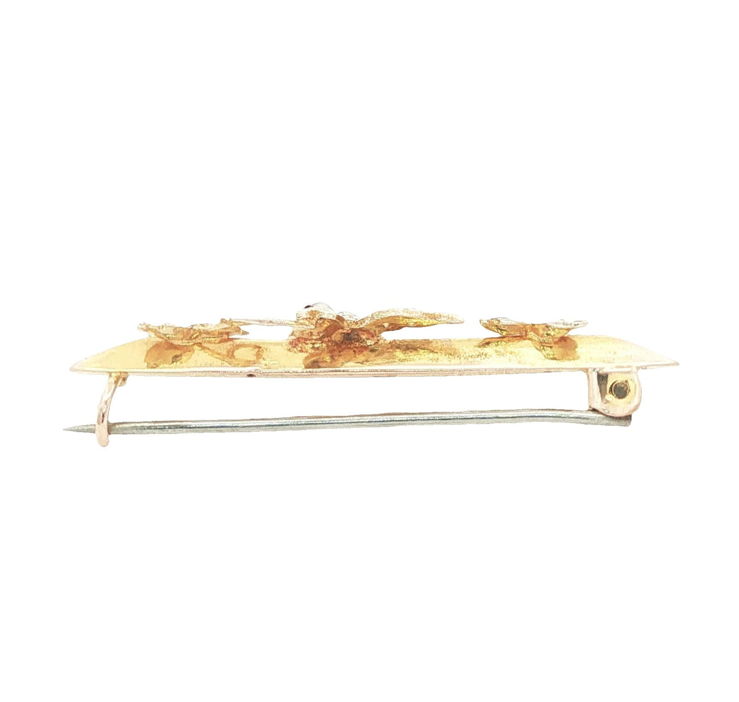 9 karat yellow gold Victorian Seed Pearl Sparrow and Leaf pin