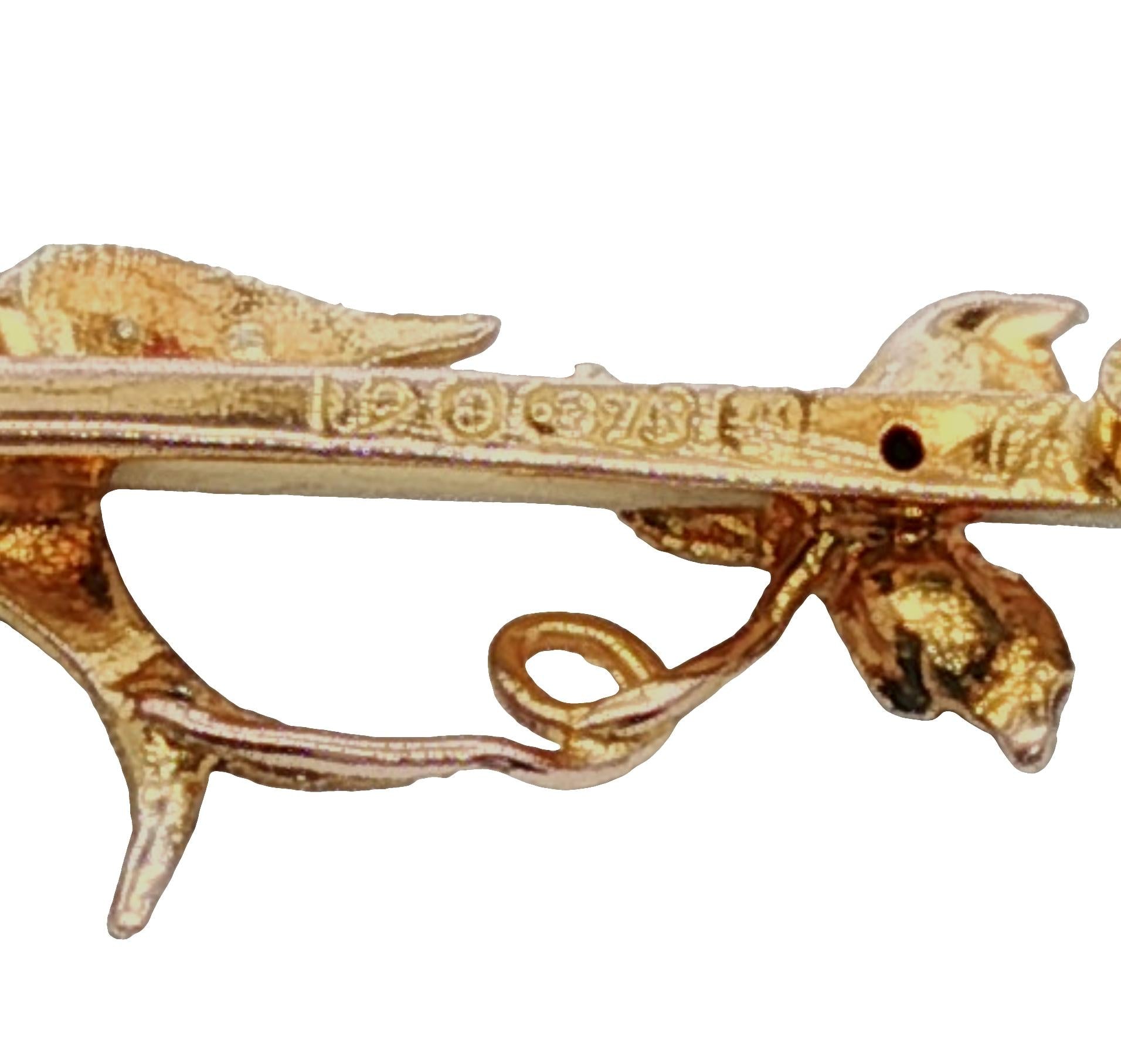 9 karat yellow gold Victorian Seed Pearl Sparrow and Leaf pin