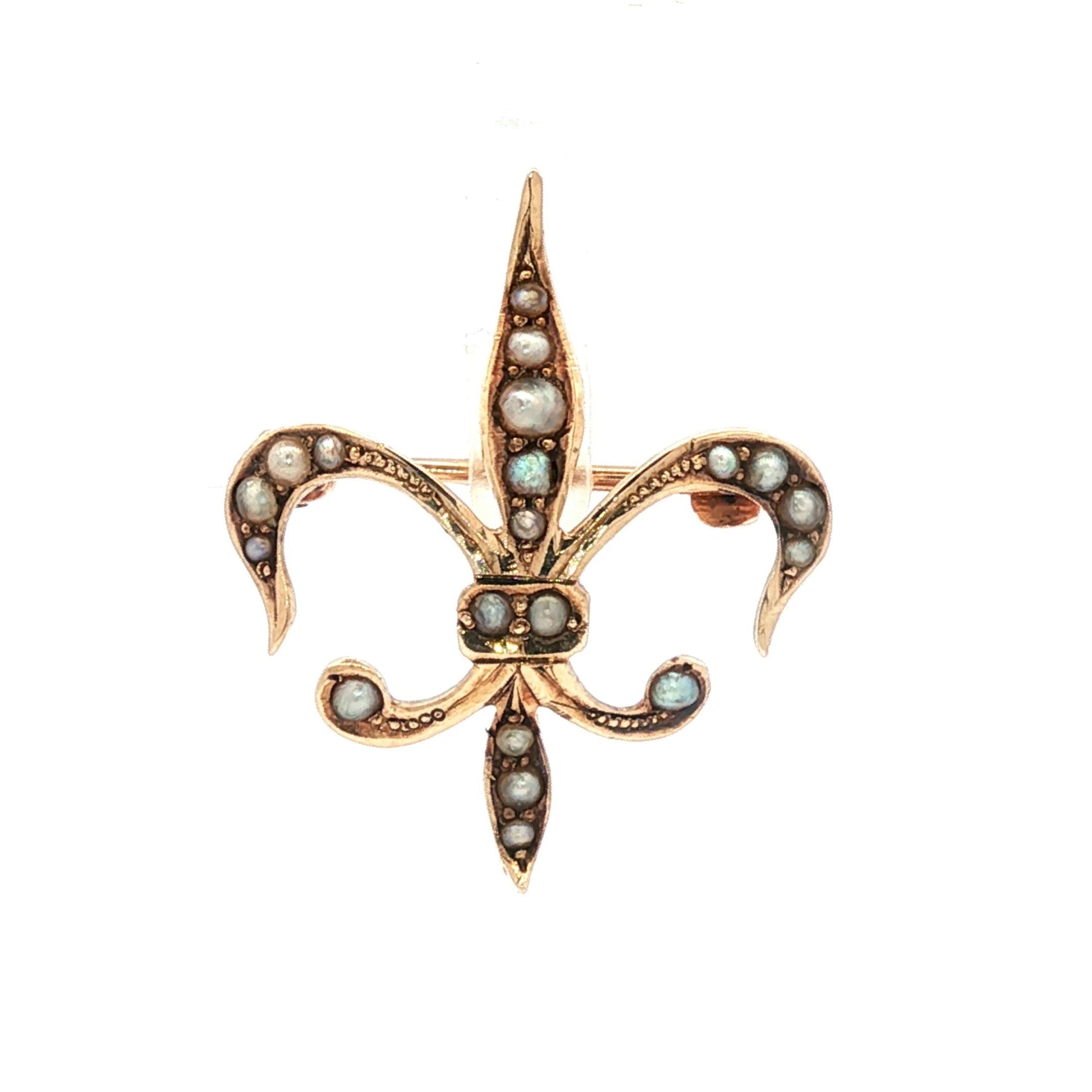 Victorian 10K Fleur de Lis natural seed pearls pin with watch hook