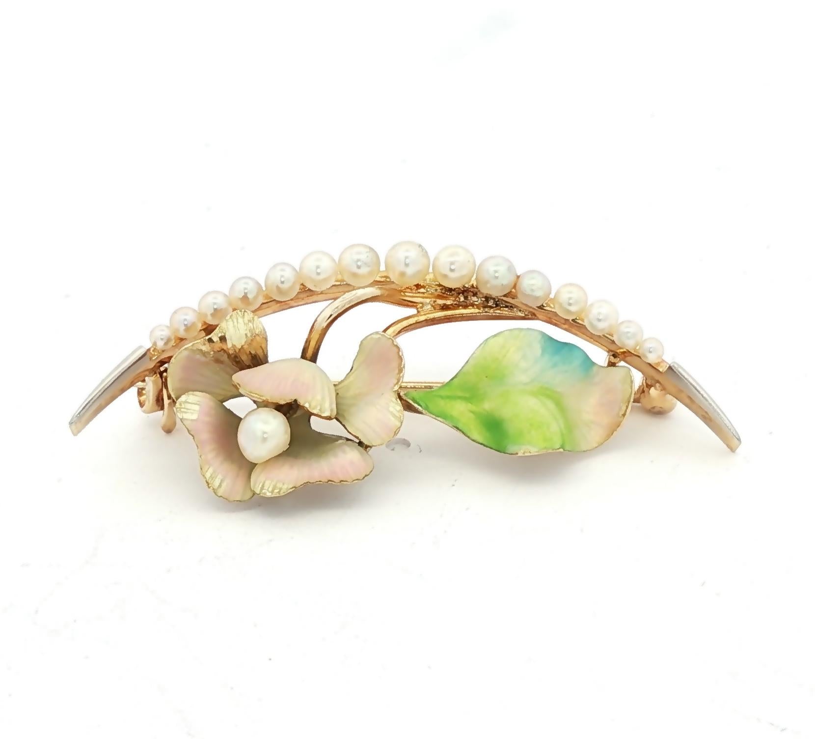 Art Nouveau Opalescent Enamel Flower and Seed Pearl Crescent 14k Pin