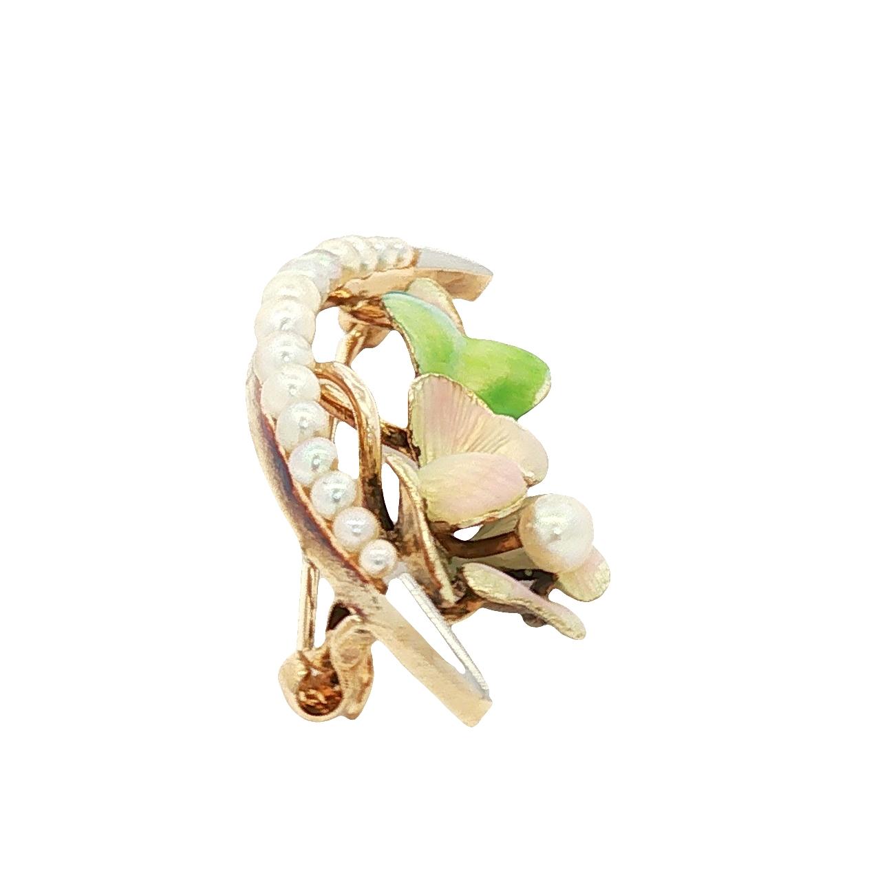 Art Nouveau Opalescent Enamel Flower and Seed Pearl Crescent 14k Pin