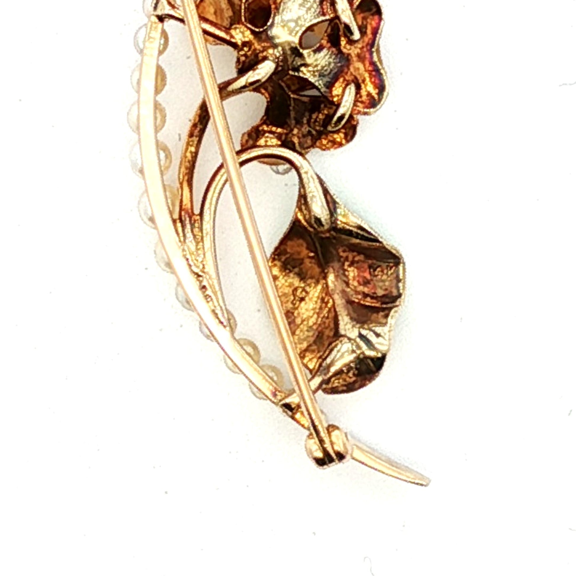 Art Nouveau Opalescent Enamel Flower and Seed Pearl Crescent 14k Pin