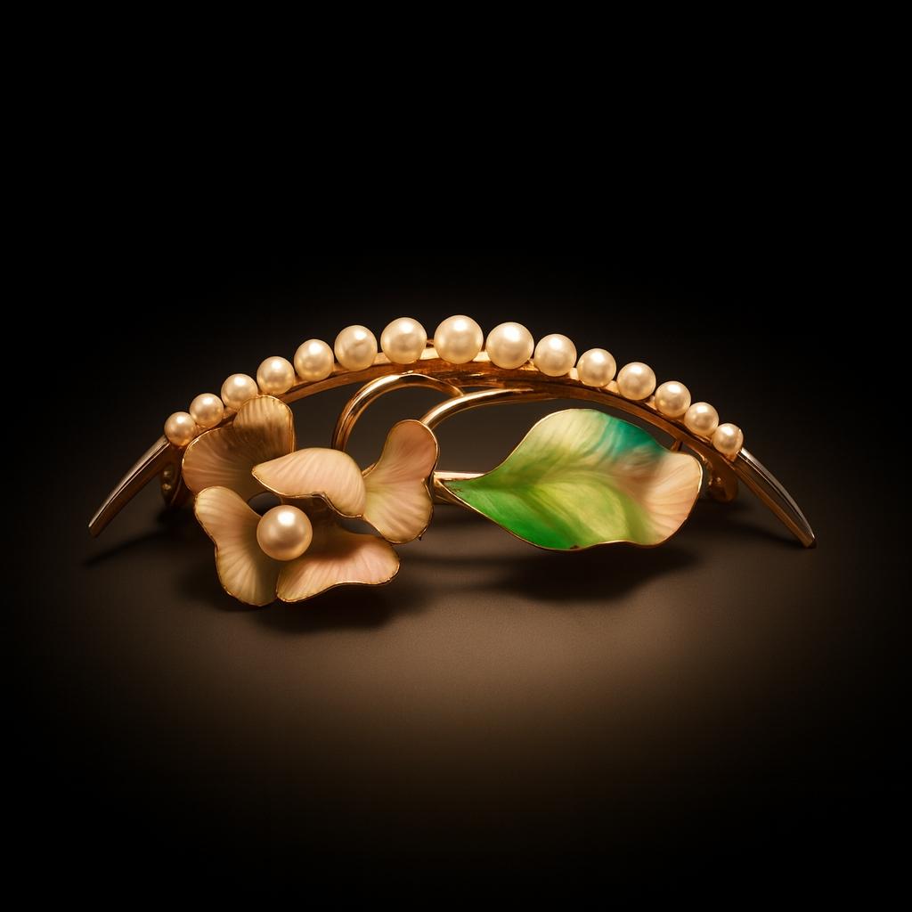 Art Nouveau Opalescent Enamel Flower and Seed Pearl Crescent 14k Pin