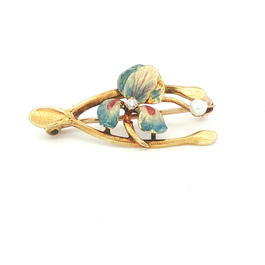 Art Nouveau 14kyg opalescent enamel Iris pin with a natural seed pearl & diamond