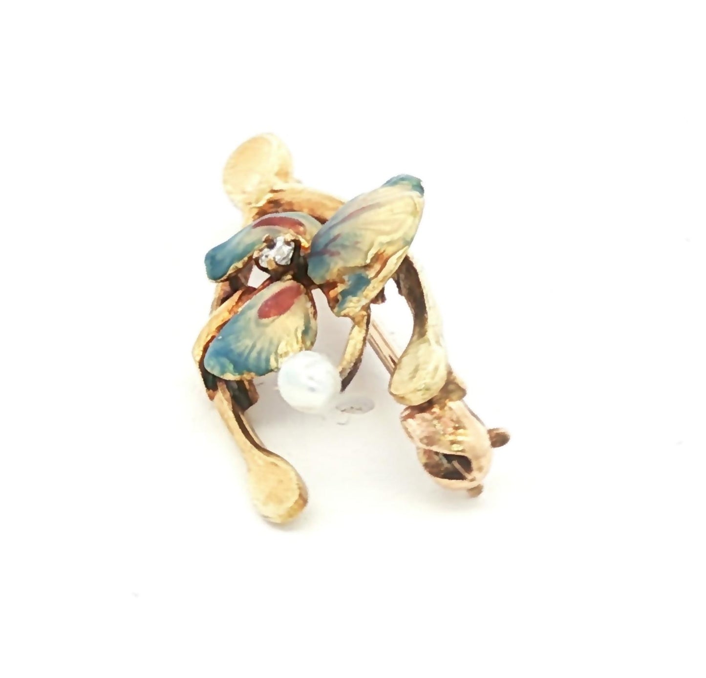 Art Nouveau 14kyg opalescent enamel Iris pin with a natural seed pearl & diamond