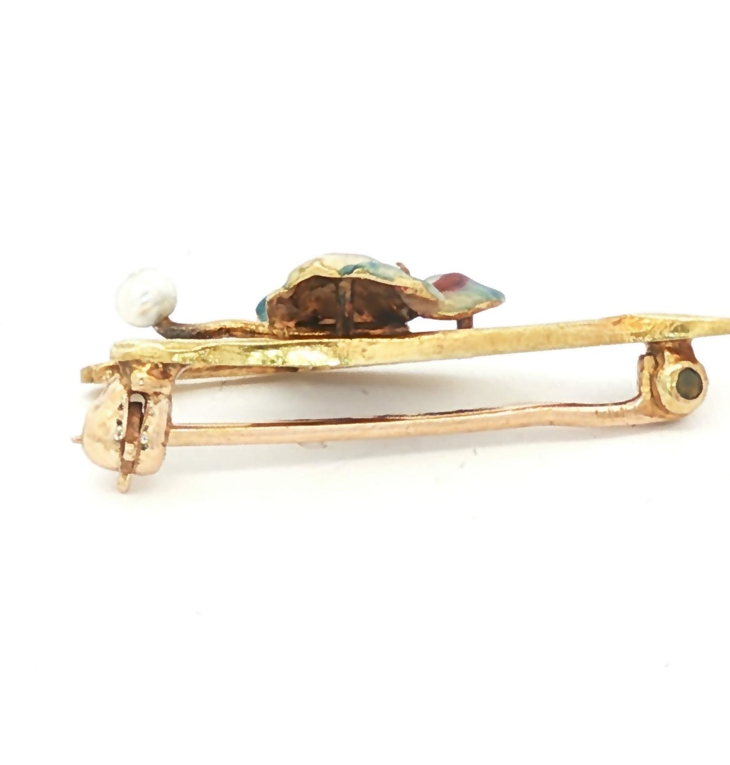 Art Nouveau 14kyg opalescent enamel Iris pin with a natural seed pearl & diamond