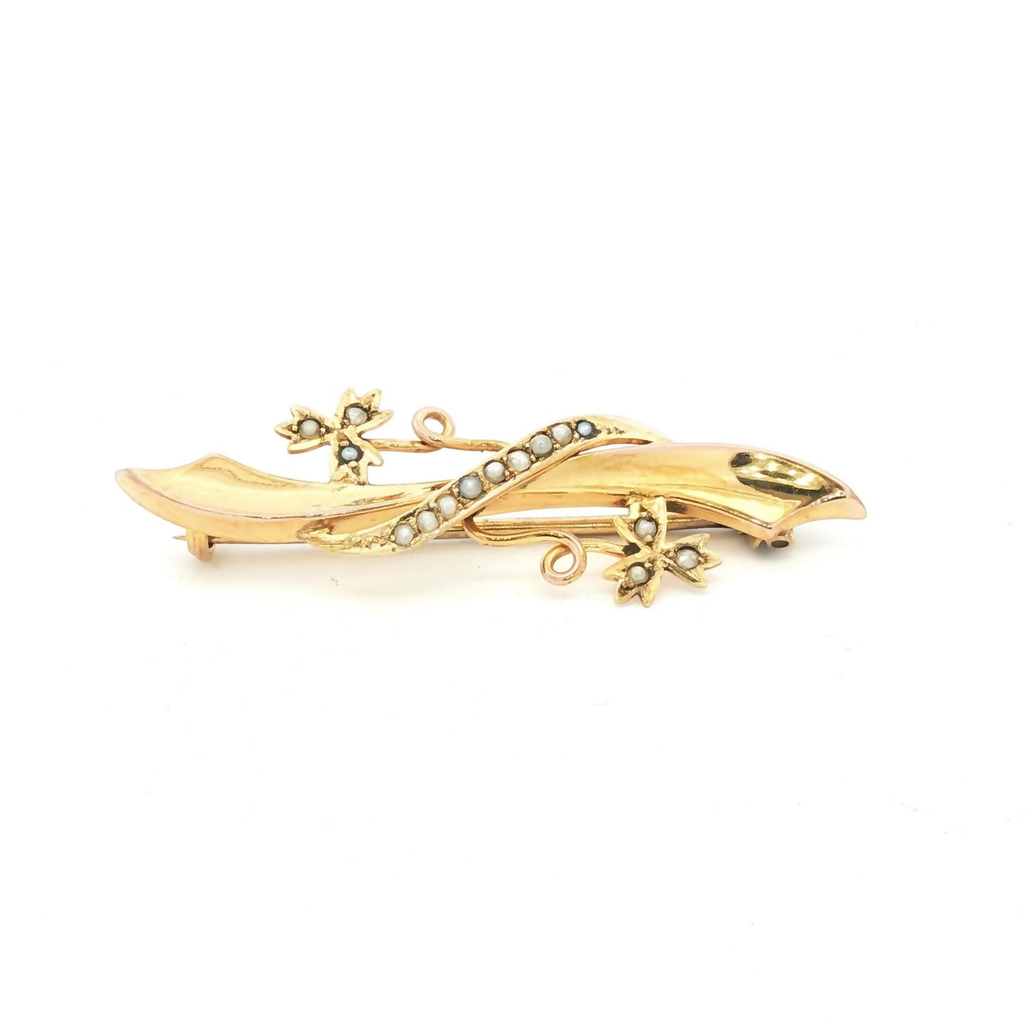 Victorian 9kt yellow gold Offset Saber and Seed Pearl Leaves Pin