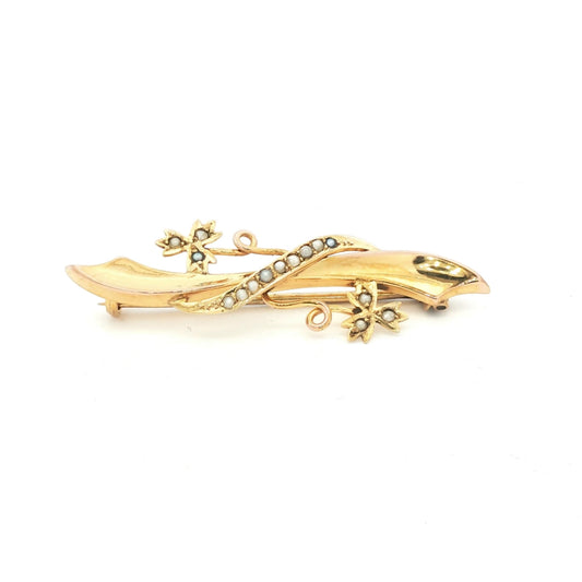 Victorian 9kt yellow gold Offset Saber and Seed Pearl Leaves Pin