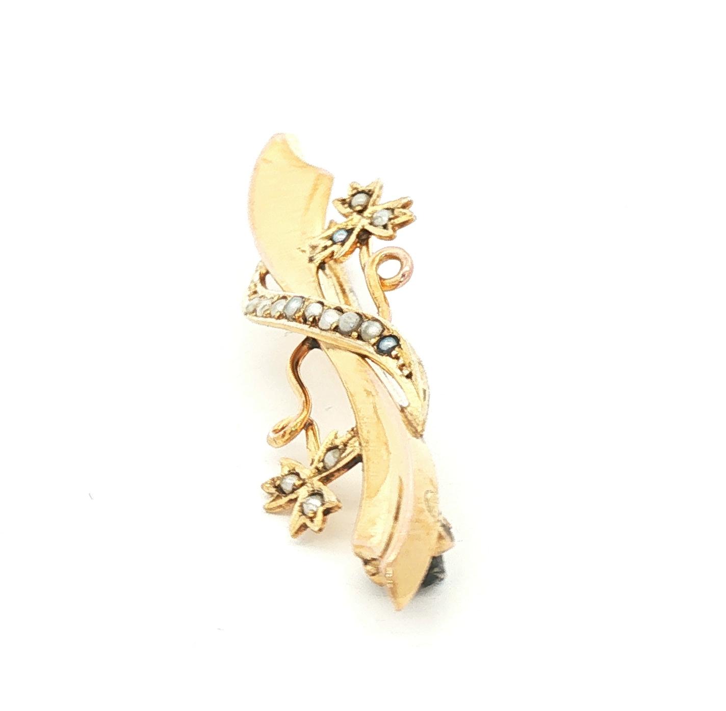 Victorian 9kt yellow gold Offset Saber and Seed Pearl Leaves Pin