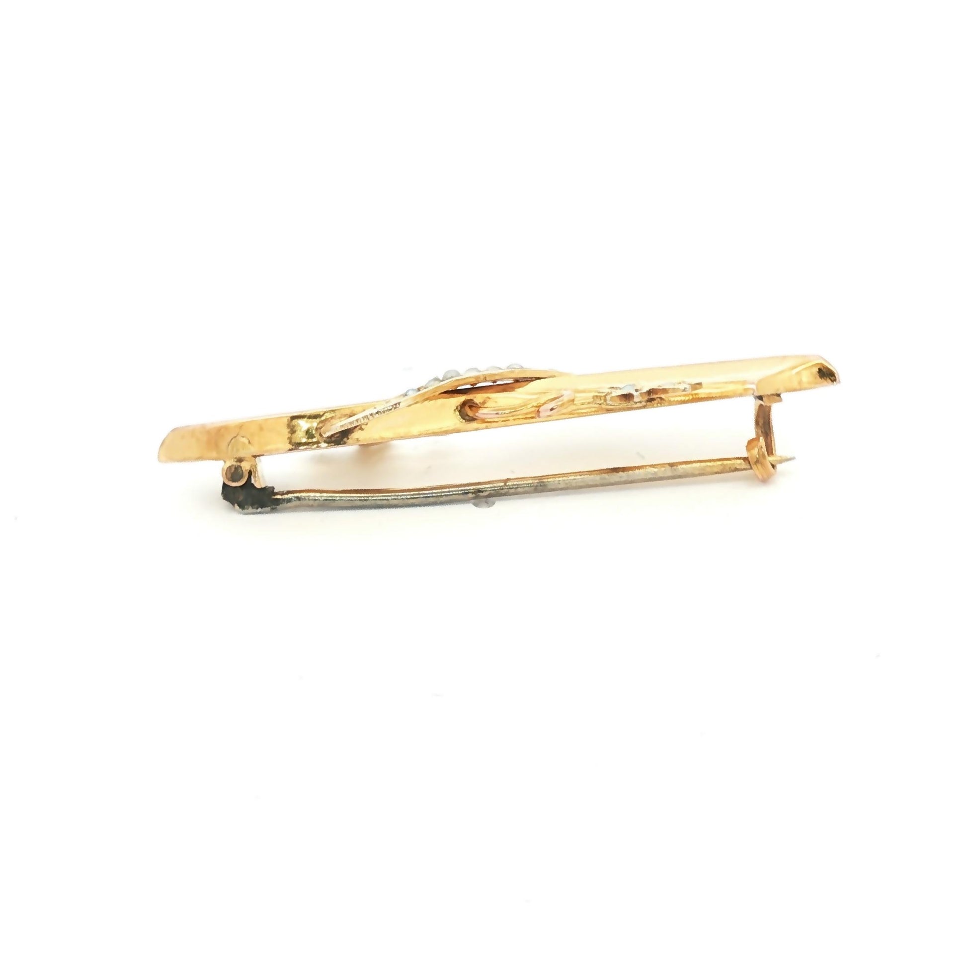 Victorian 9kt yellow gold Offset Saber and Seed Pearl Leaves Pin