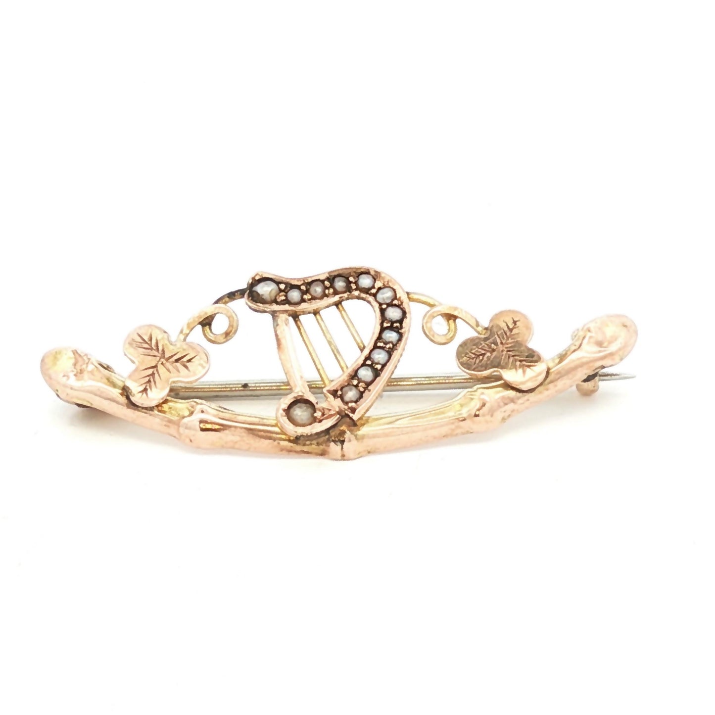 Victorian 9k Harp and Clover Pin with Natural Seed Pearls