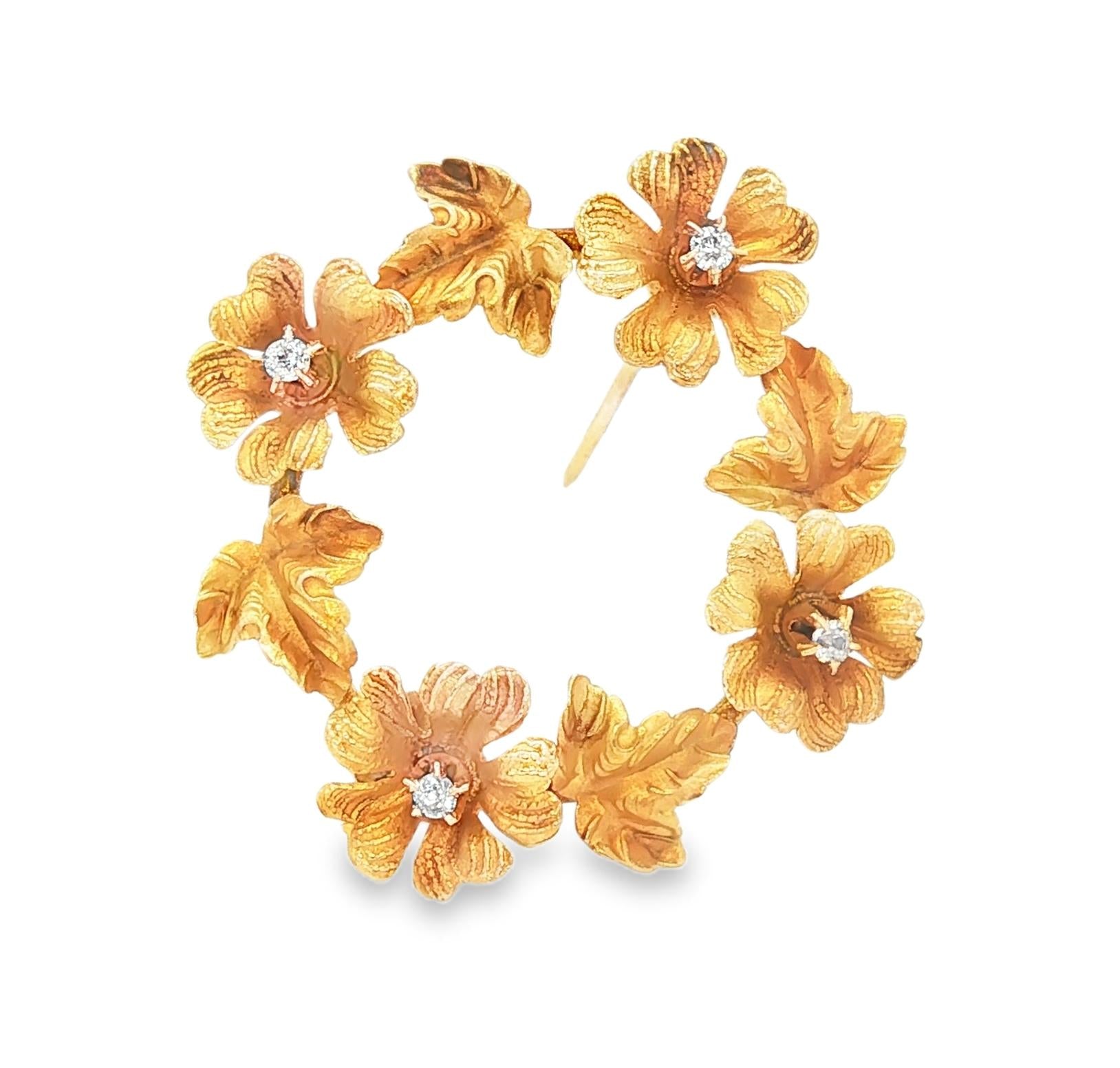 Victorian 14k Yellow Gold Flower and Leaves Circle Pin with Diamonds