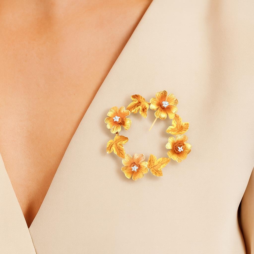 Victorian 14k Yellow Gold Flower and Leaves Circle Pin with Diamonds