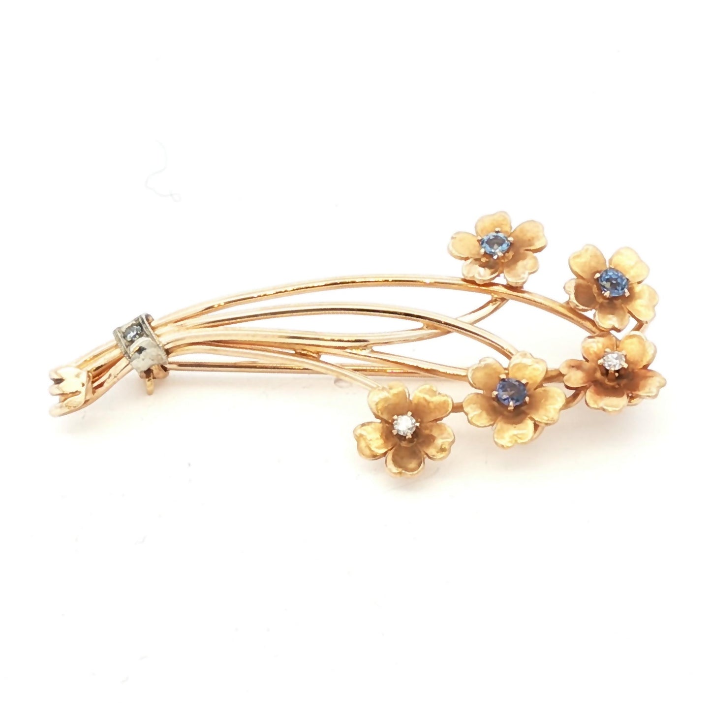 Victorian 14k yellow Sapphire and Diamond Flower Spray Pin