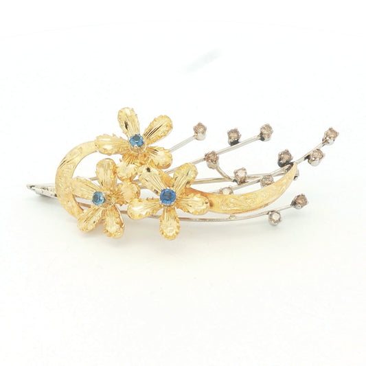 18k two tone blue sapphire and brown diamond hand engraved spray brooch