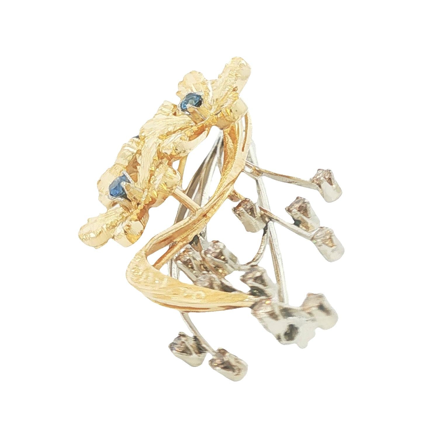 18k two tone blue sapphire and brown diamond hand engraved spray brooch