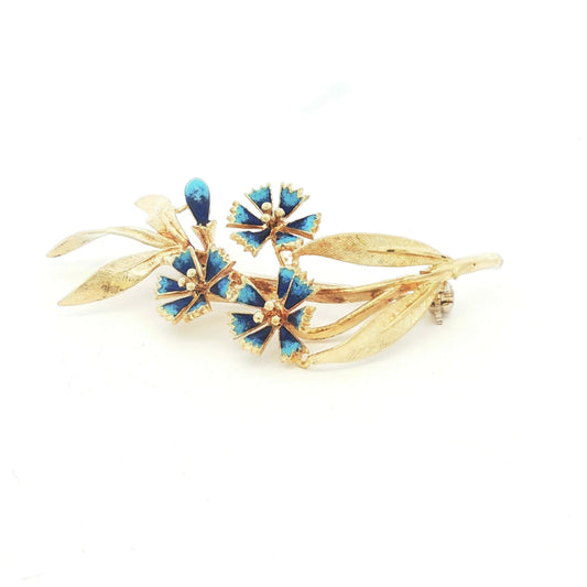 18k Mid-century yellow gold blue enameled flower spray pin