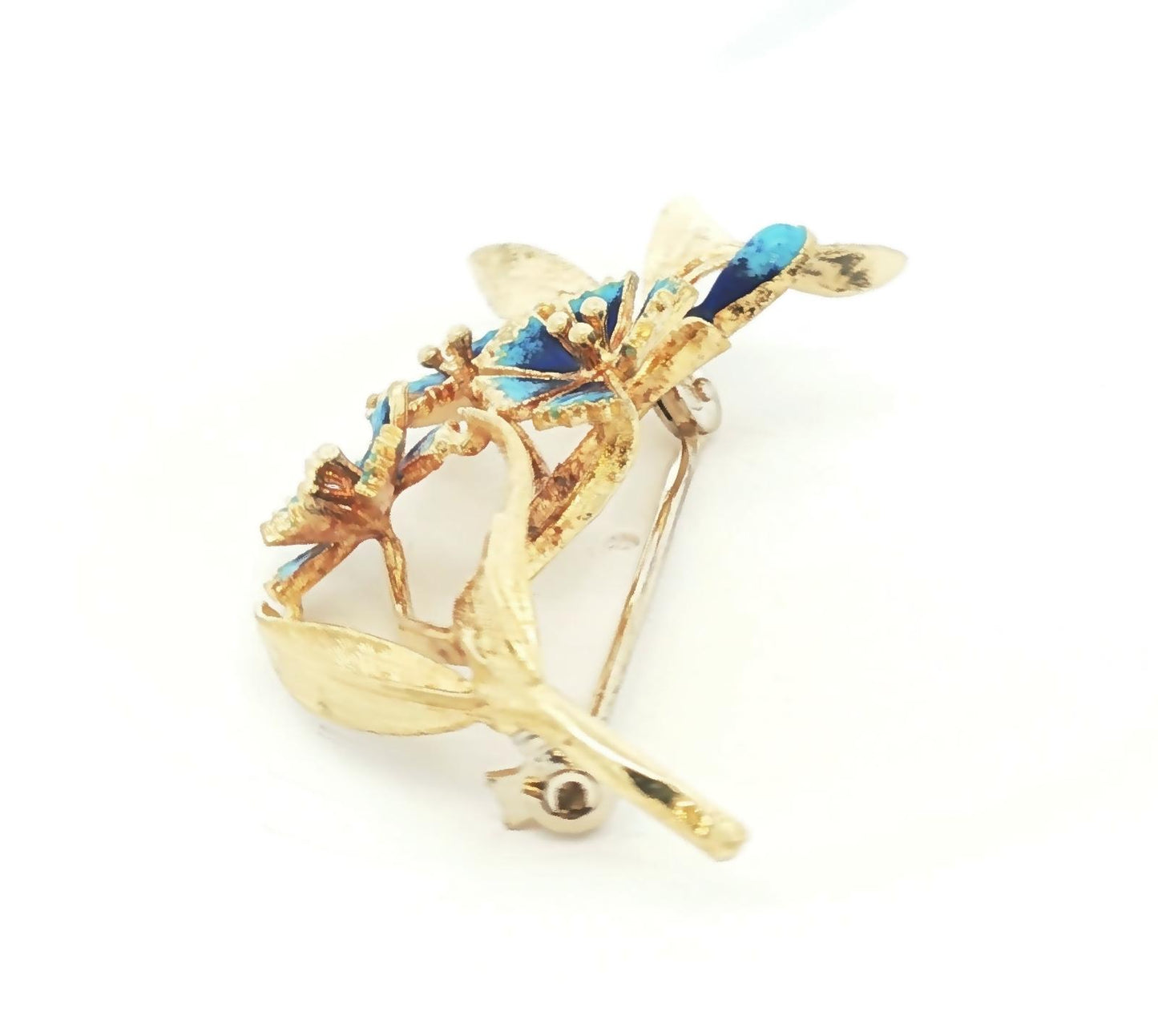 18k Mid-century yellow gold blue enameled flower spray pin