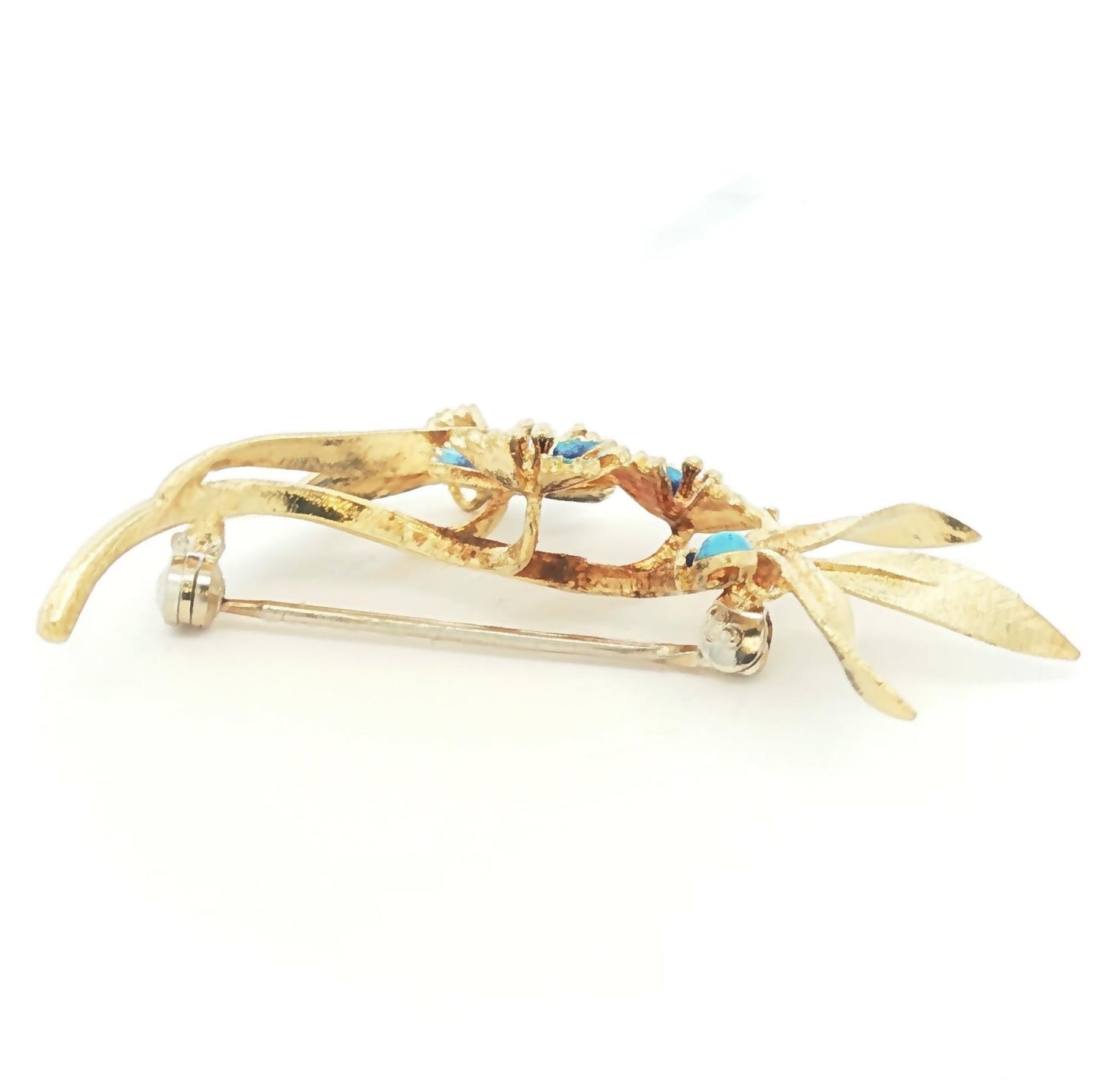 18k Mid-century yellow gold blue enameled flower spray pin