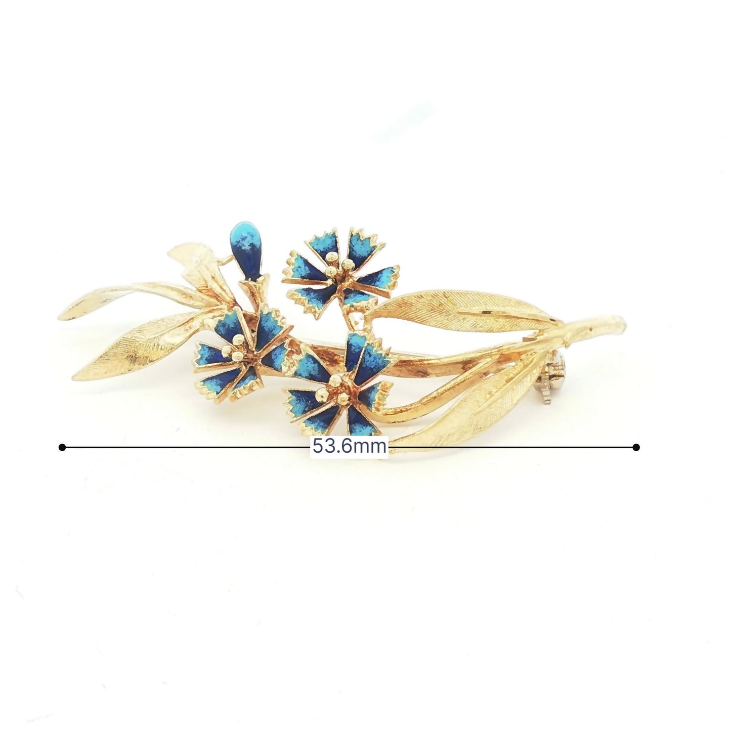 18k Mid-century yellow gold blue enameled flower spray pin