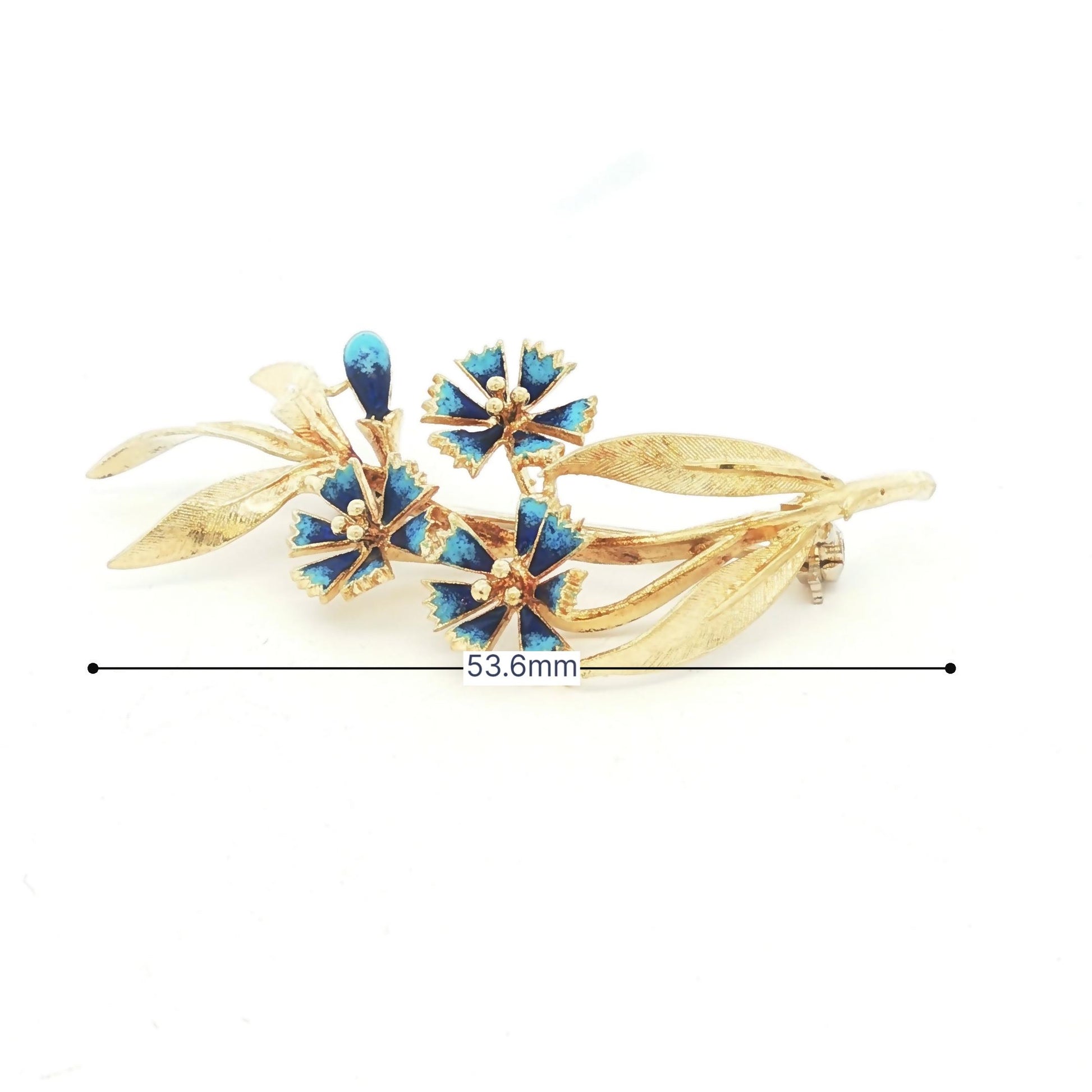 18k Mid-century yellow gold blue enameled flower spray pin