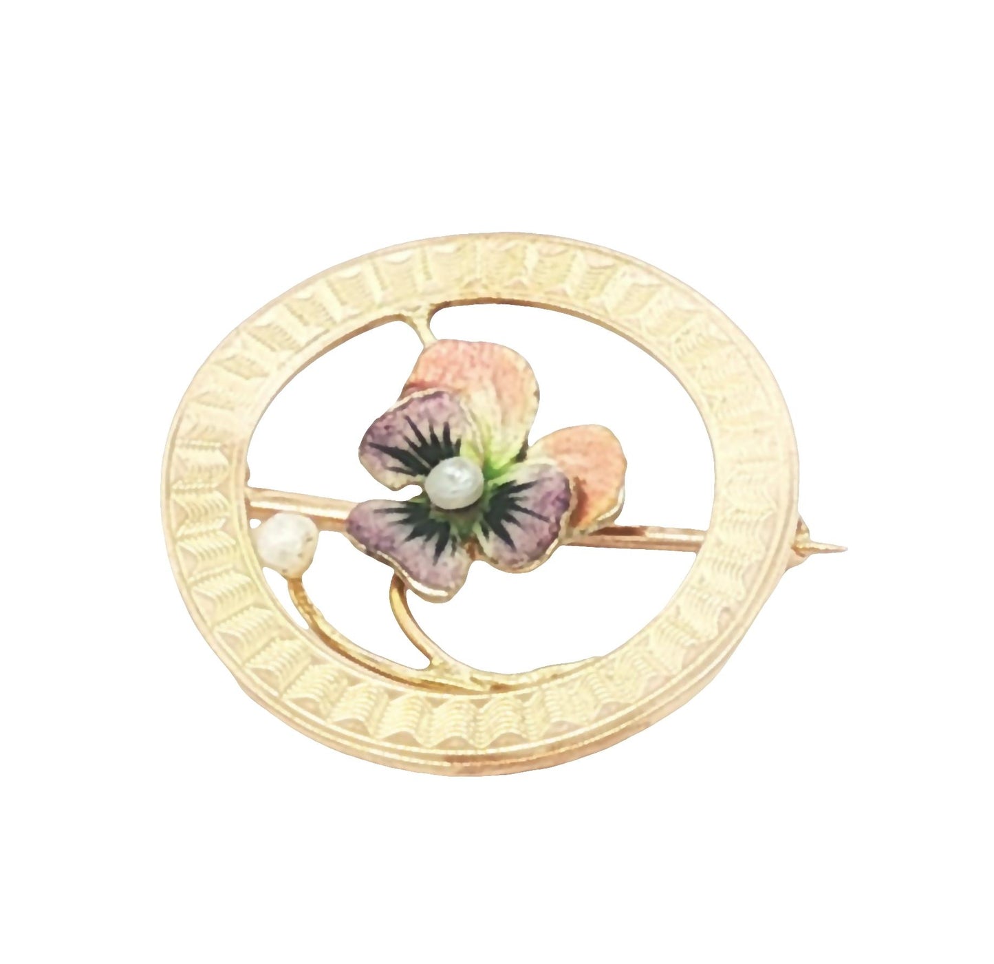 10k yellow gold small enameled pansy circle pin with two seed pearls