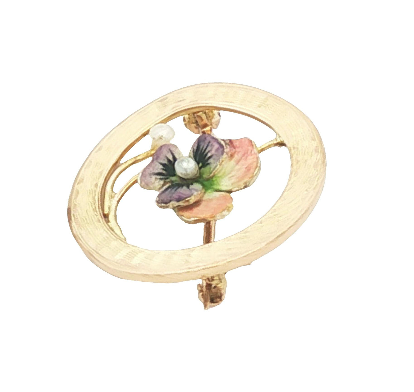 10k yellow gold small enameled pansy circle pin with two seed pearls