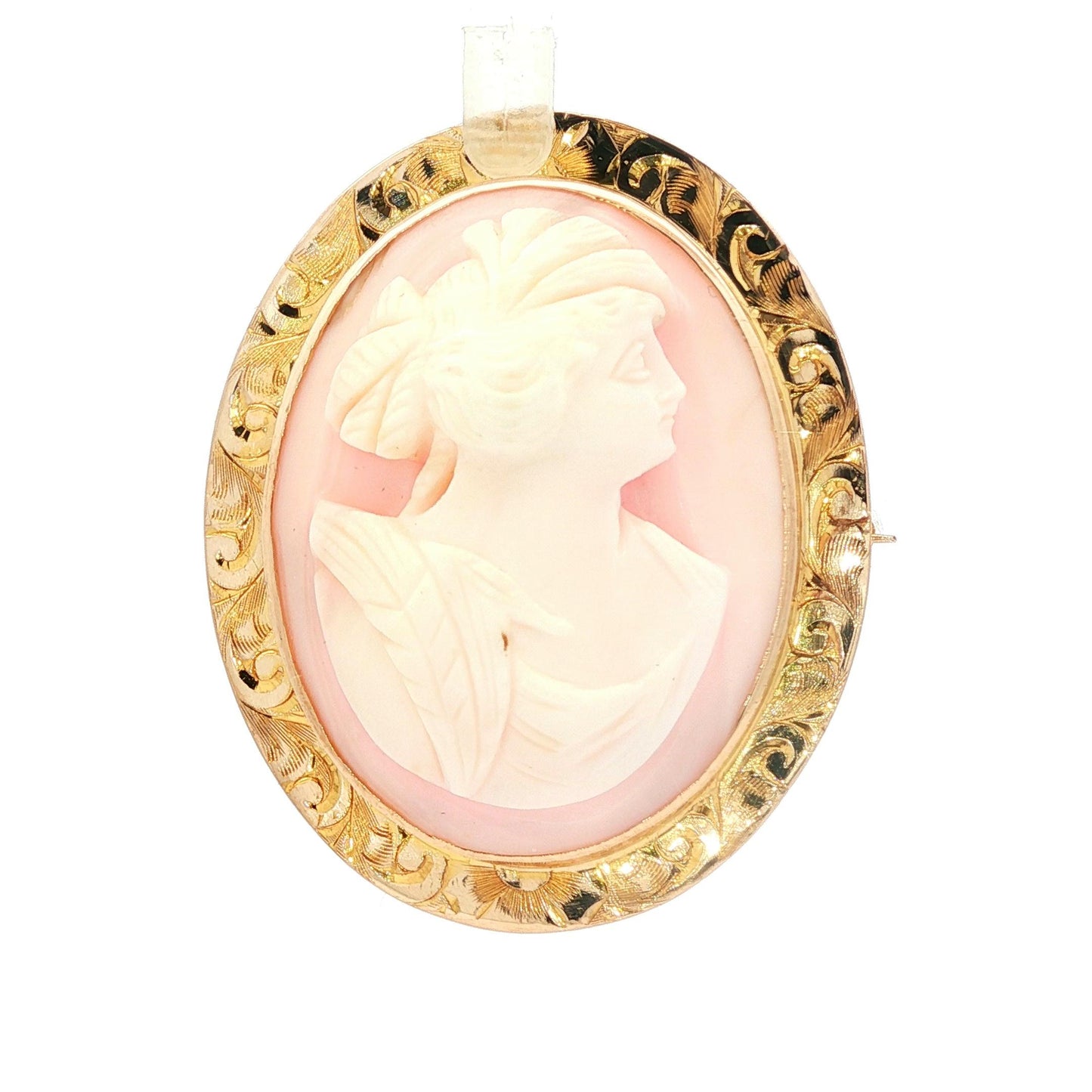 10k yellow gold Hand Engraved Pink Conch Shell Cameo Brooch