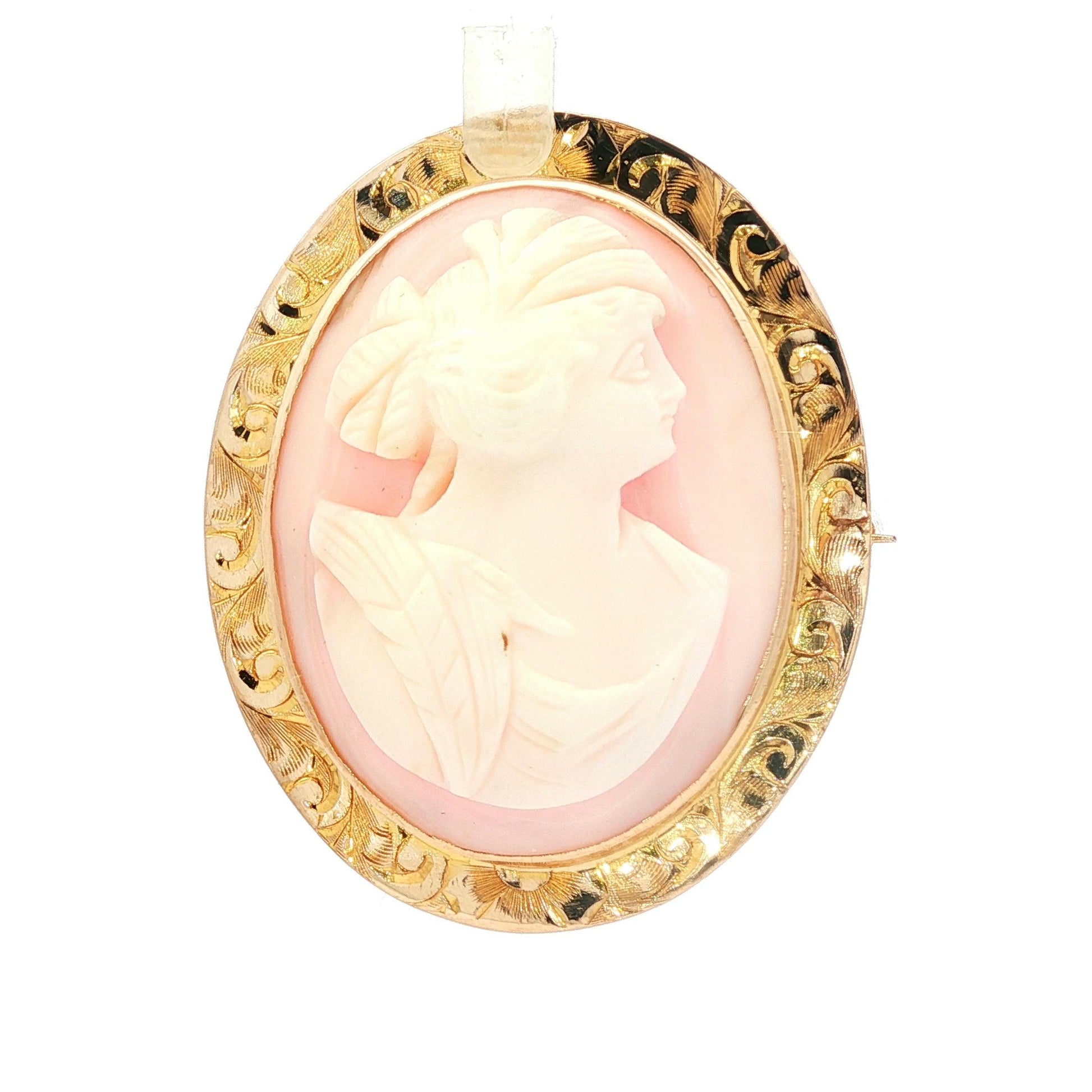 10k yellow gold Hand Engraved Pink Conch Shell Cameo Brooch
