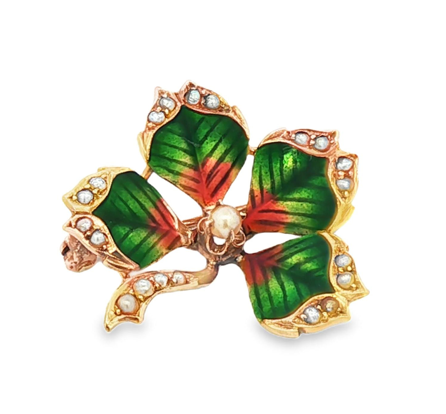 Art Nouveau 10K Opalescent Enamel 4 Leaf Clover with Seed Pearls Pin