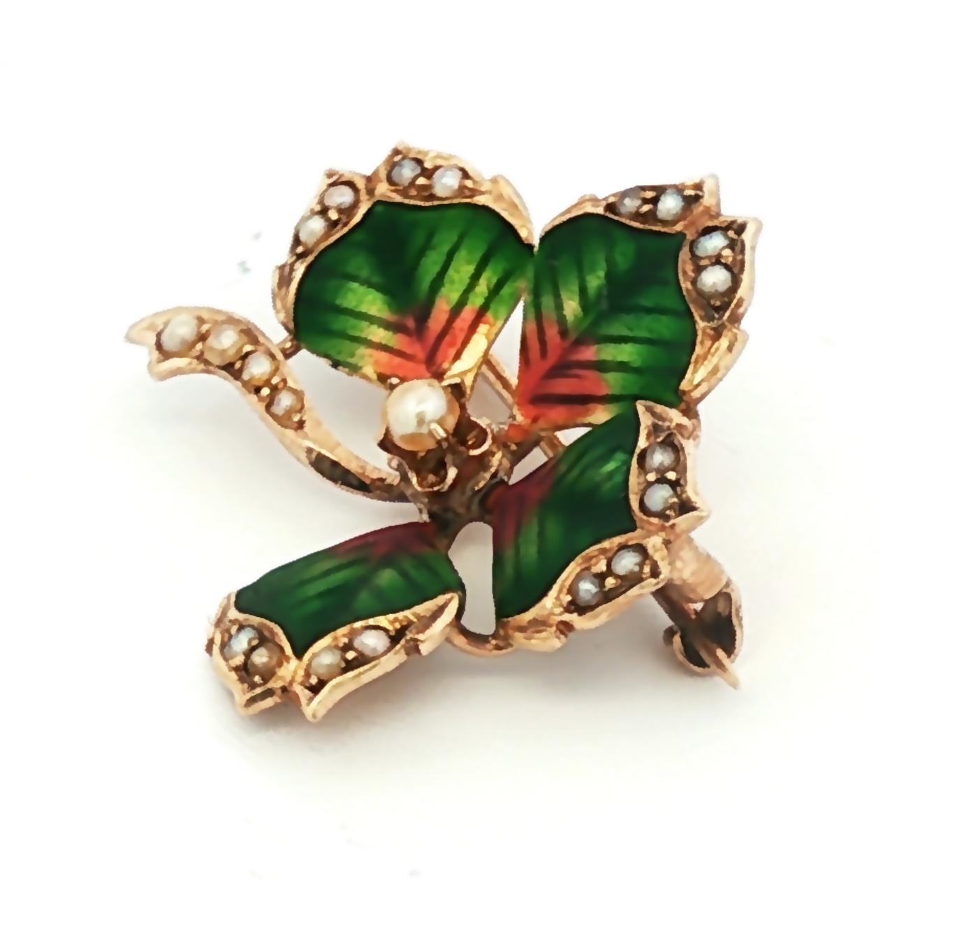 Art Nouveau 10K Opalescent Enamel 4 Leaf Clover with Seed Pearls Pin
