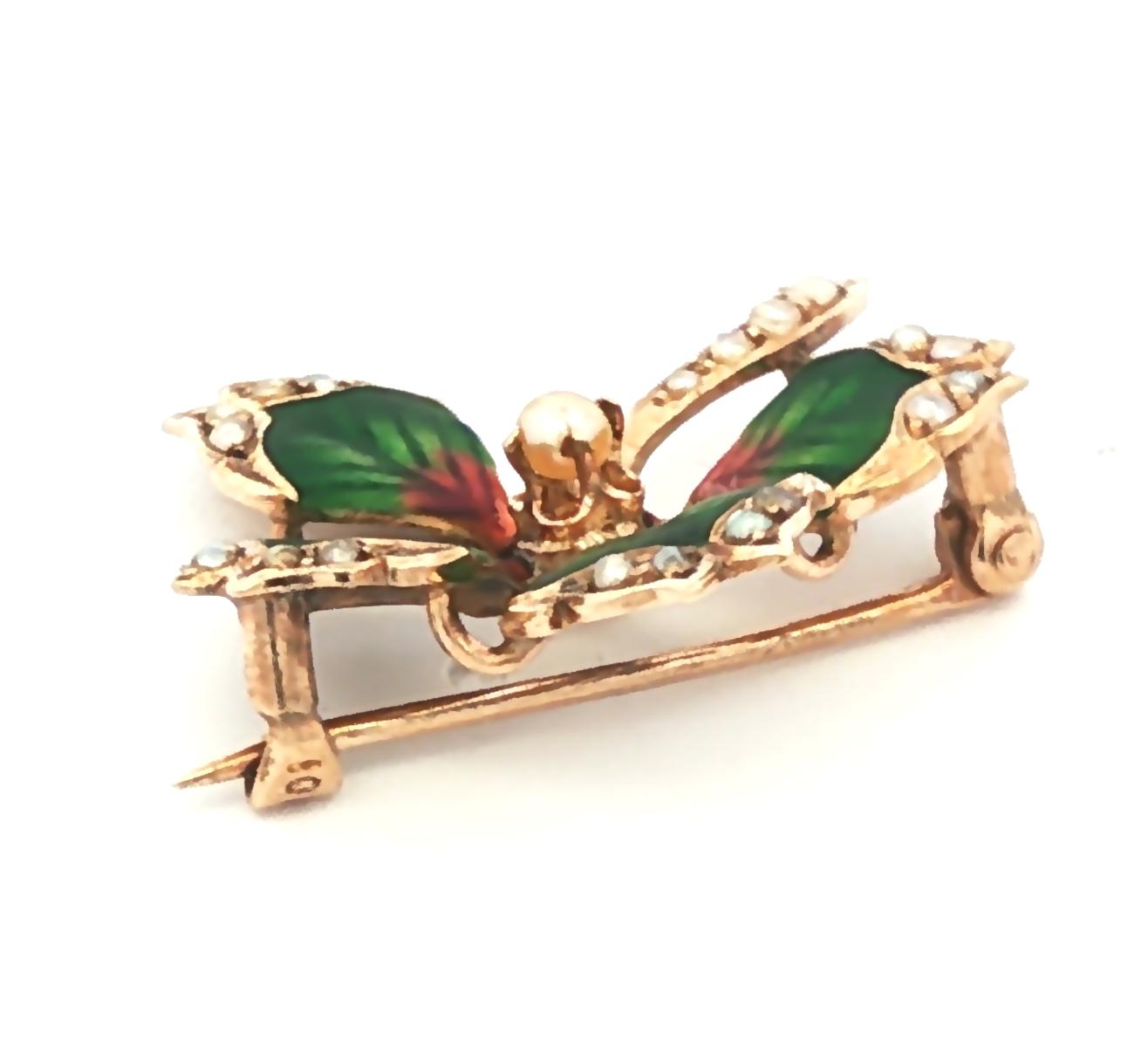 Art Nouveau 10K Opalescent Enamel 4 Leaf Clover with Seed Pearls Pin