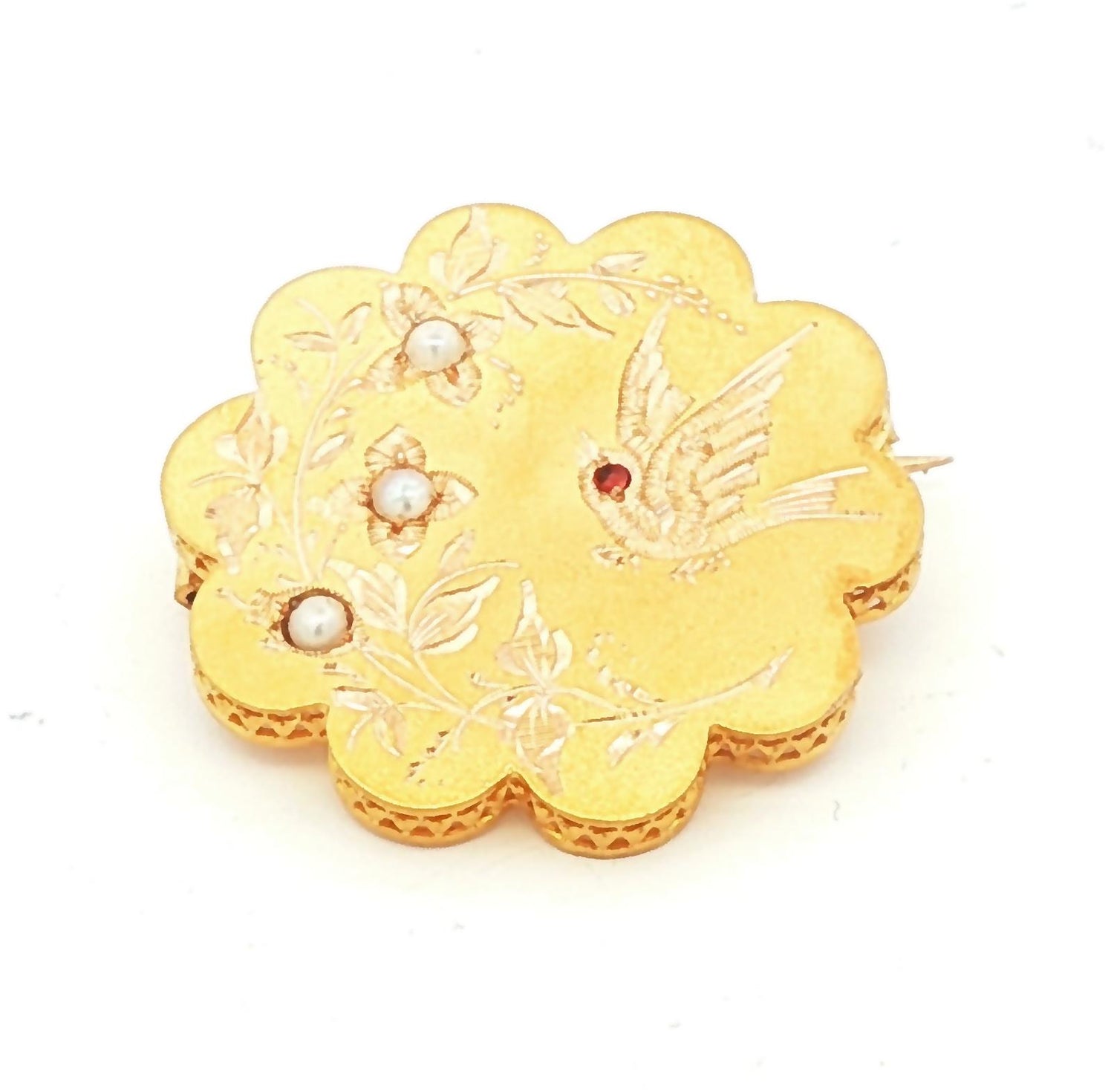 Victorian Bloomed 14k Gold Hand Engraved Sparrow pin with Pearl and Garnet