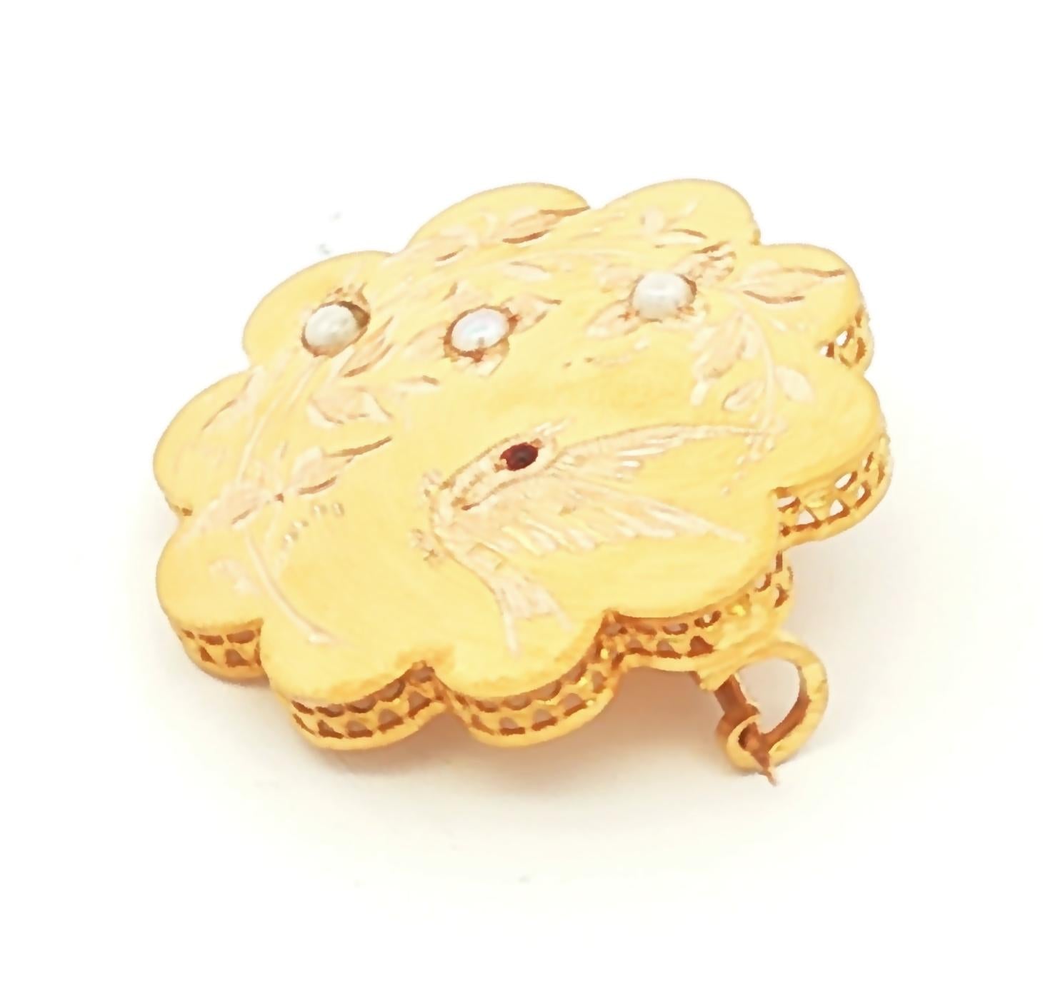 Victorian Bloomed 14k Gold Hand Engraved Sparrow pin with Pearl and Garnet