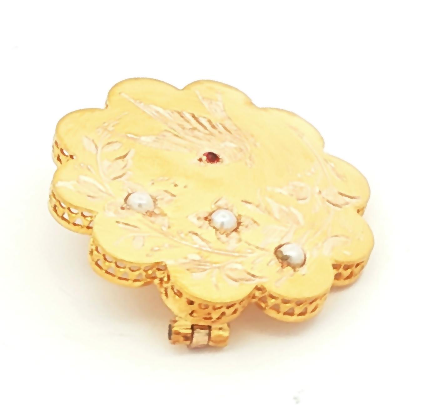 Victorian Bloomed 14k Gold Hand Engraved Sparrow pin with Pearl and Garnet