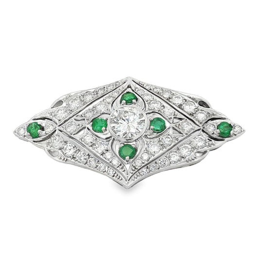Vintage Deco Style Diamond and Emerald Brooch