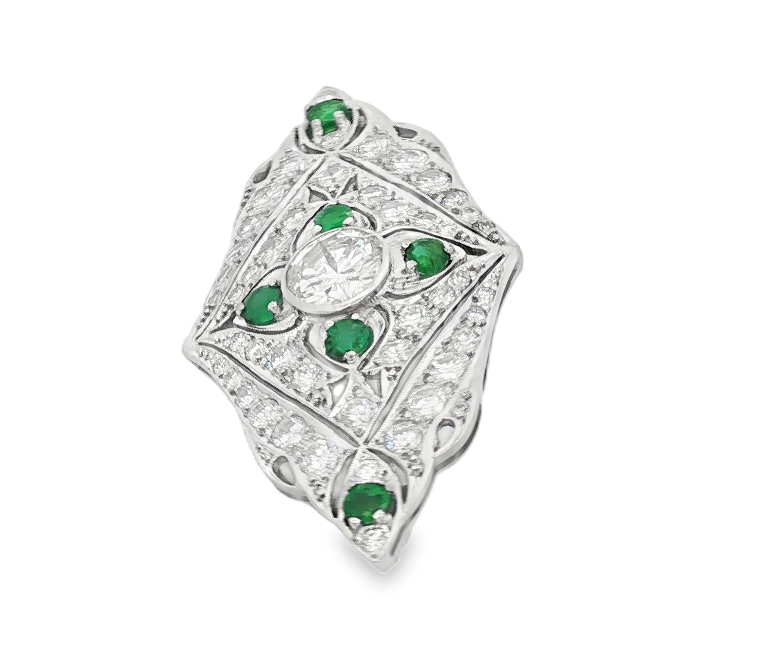 Vintage Deco Style Diamond and Emerald Brooch