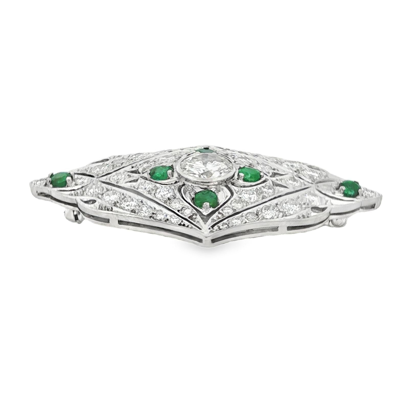 Vintage Deco Style Diamond and Emerald Brooch