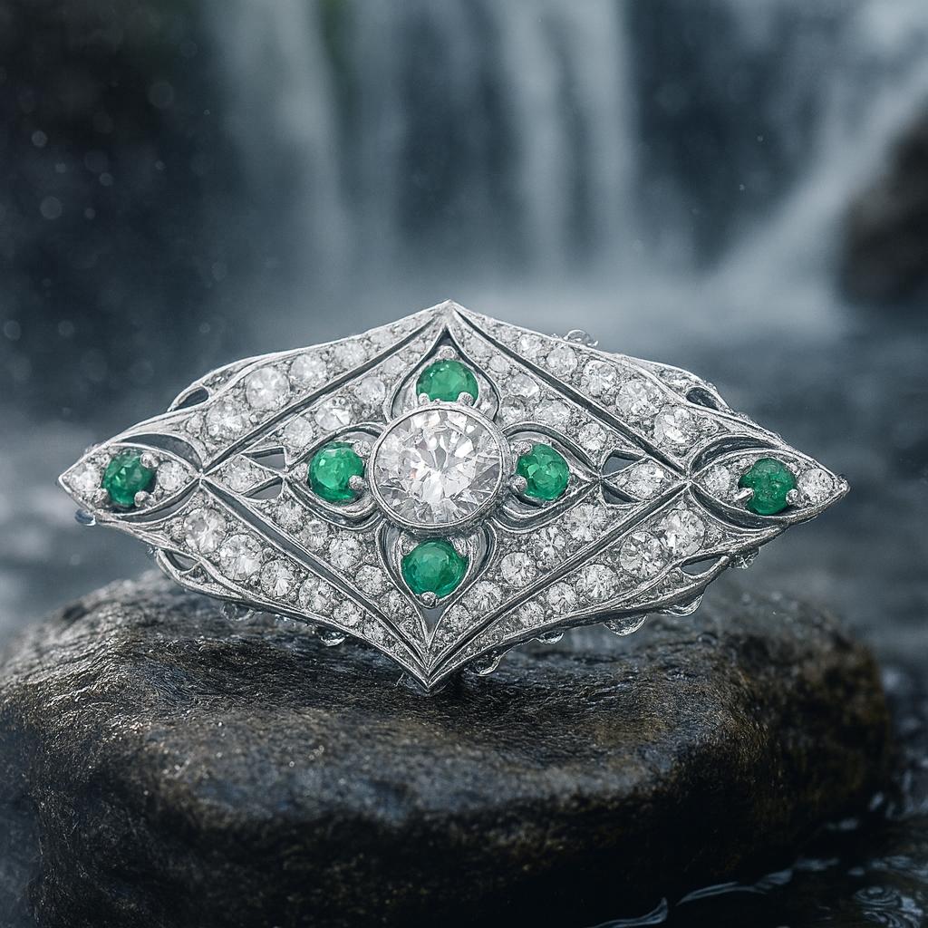 Vintage Deco Style Diamond and Emerald Brooch